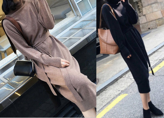 Women Knitted Cashmere/Cotton Blend Long Sleeve Turtle Neck Dress With Belt Very Soft & Comfortable Crus Length-Size S