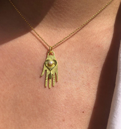 Good Luck Necklace Hand Of Fatima Pearl Of God Hamsa Gold Sterling Silver