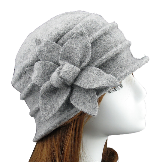 Flower Decor Felt Hat Solid Color Wool Blend Thick Warm Women Winter Hat Fashion Accessories - light grey, one size