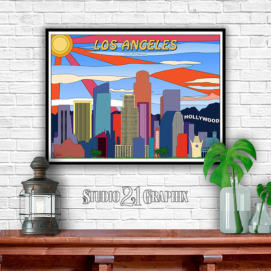 Los Angeles Pop-Art, California City Skyline Print, Poster, Wall Art, Travel Decor, Watercolor, Of Angels Gift