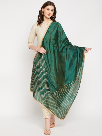 Women's Silk Blend Green Embroidered Dupatta With Gotta Patti Free Shipping