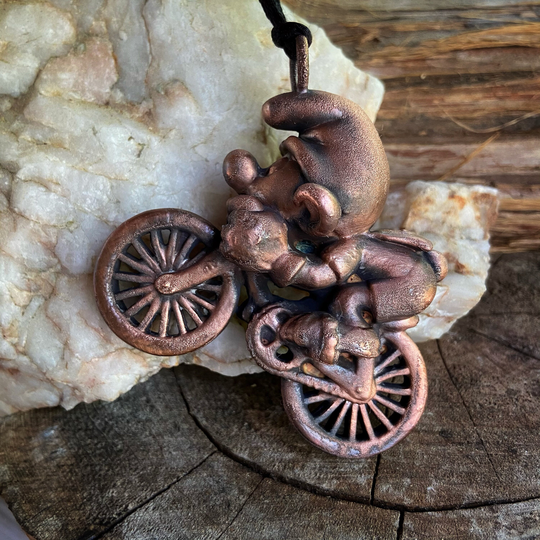 Copper Electroformed Smurf On Bicycle Bike Riding Pendant Necklace Ornament