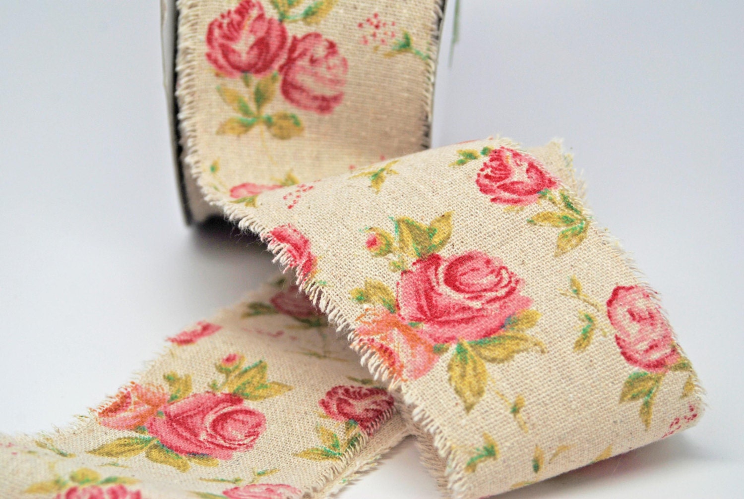 Cotton Blend Burlap Ribbon 2.5 Inch Natural Rose Pink Print Wide 2 Yards