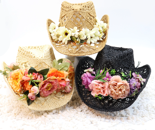 Blooms - Designer Bouquet Flower Blends On Natural Cowboy Hat Shapeable 100% Cotton Straw Outdoor Sturdy Box