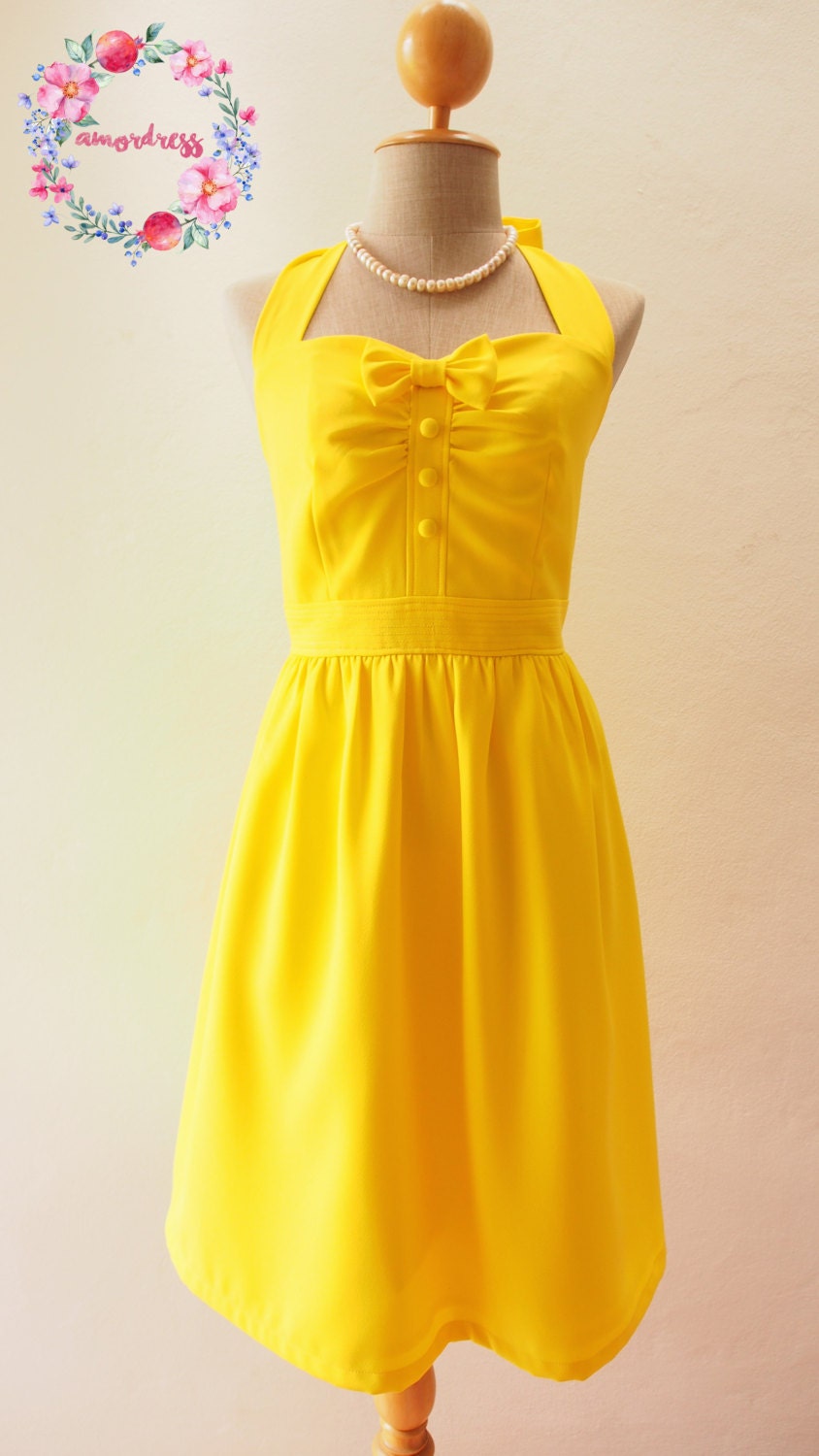 Yellow Sundress Lemon Dress Canary Summer Bridesmaid Fit & Flare Vintage Style Fancy Party