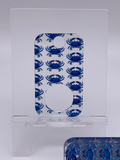 Limited Edition Rectangular Blue Crabs Print On Clear Acrylic Thread Drops. A Crossed in Stitches Exclusive