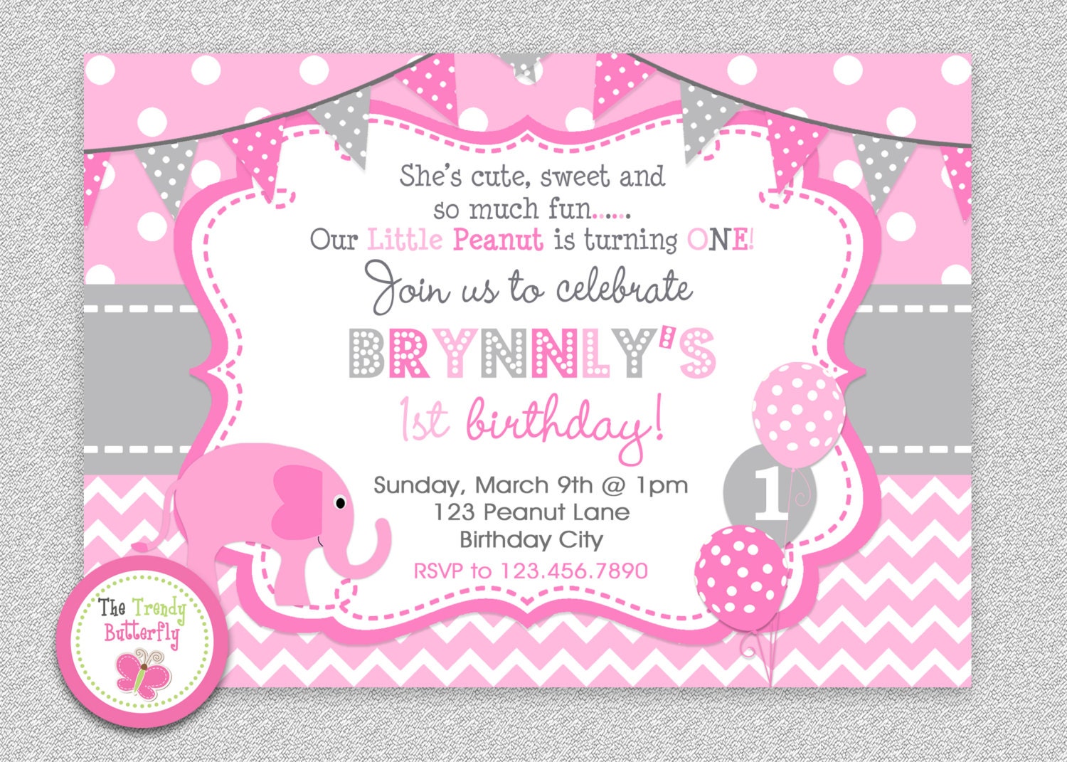 Pink & Grey 1st Birthday Elephant Invitation , Invitation, Party