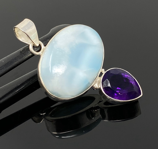 Natural Larimar & Amethyst Gemstone Pendant, Sterling Silver Jewelry, Bohemian Jewelry