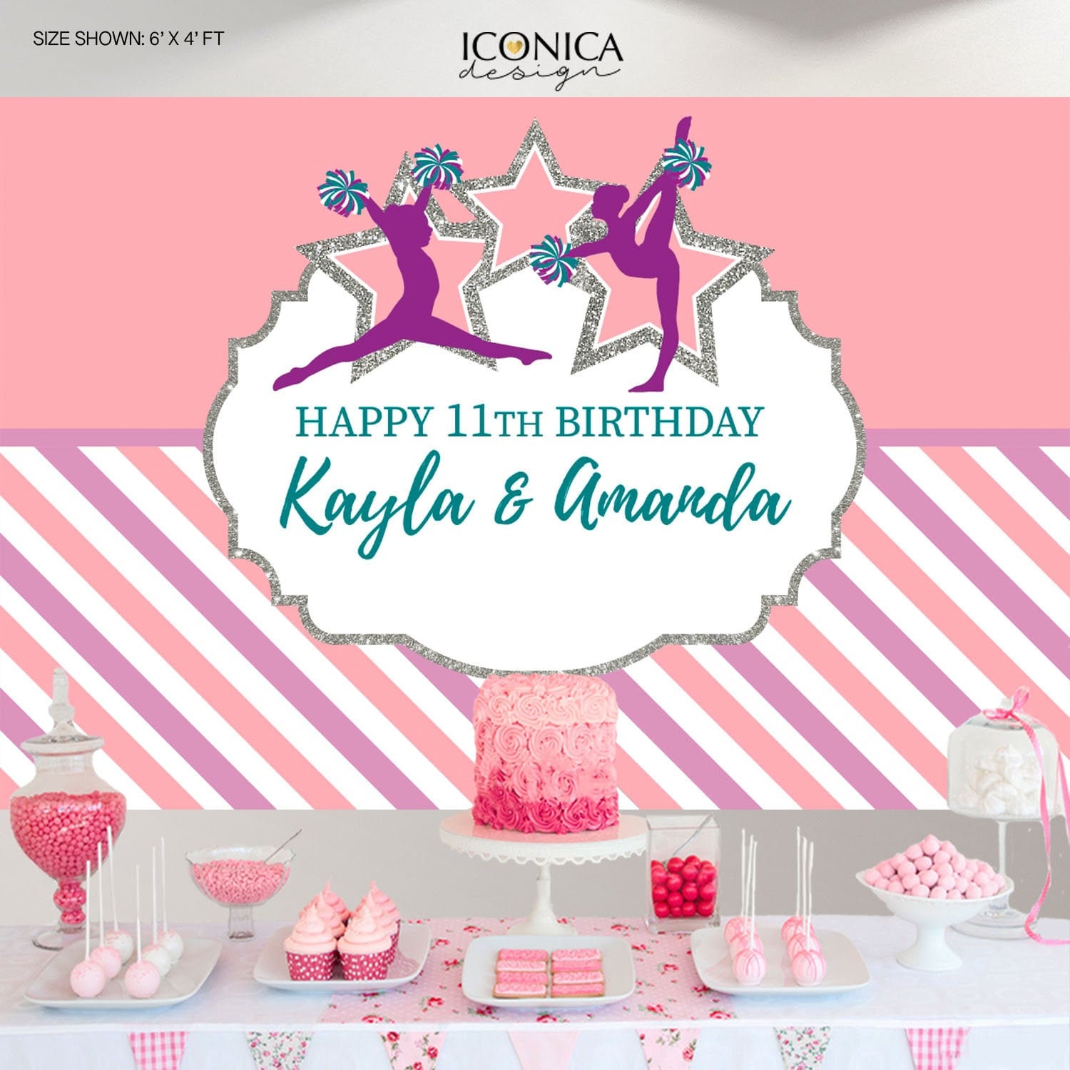 Gymnastics Party Backdrop, Sports Birthday Banner - Any Age, Pink Teal Purple Colors, Printed Or Printable File
