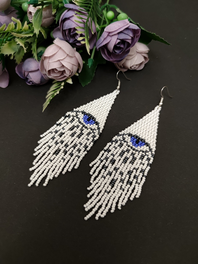 Evil Eye Earrings White Beaded Seeds Fringed Blue Evil Boho Drop Gifts For Her