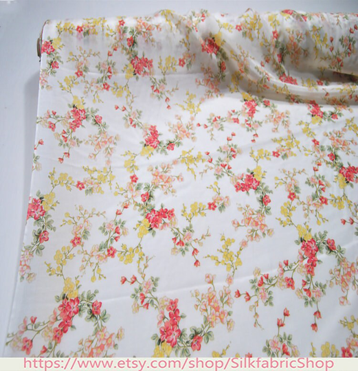 Floral Print White Silk Cotton Blend Fabric ,width 55 Inch,clothing