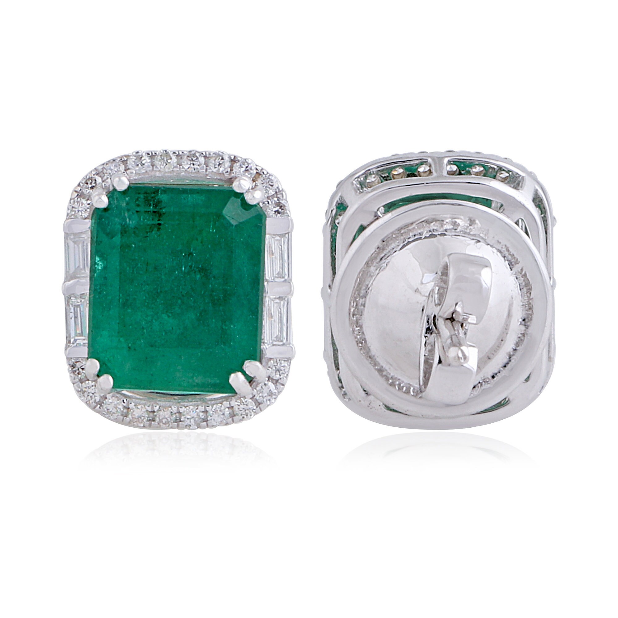 Emerald Earrings, Emerald Cut 5.06 Carat Halo Stud Earrings With Diamond Accent in 14K White Gold, Emerald Jewelry, Gift For Women