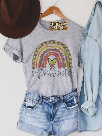 Softball Sister Rainbow On Heather Gray Crew Neck T-Shirt/ Baseball/ Sports/ Summer/ Grandma/ Mama/ Softball/