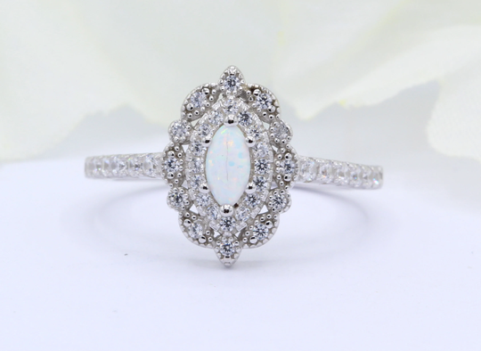 Halo Vintage Art Deco Cascading Marquise Lab White Opal Wedding Engagement Bridal Ring Round Diamond Cz Accent Band 925 Sterling Silver