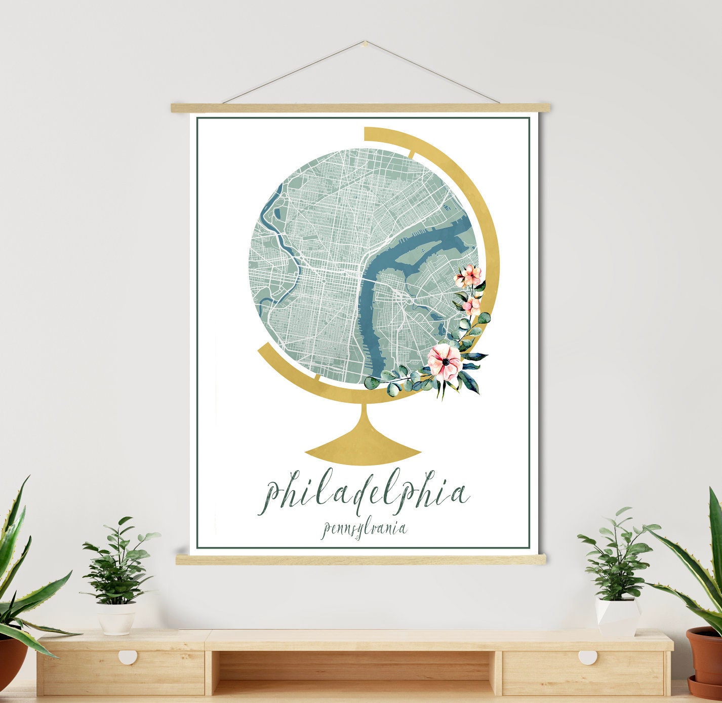 Philadelphia Pennsylvania Globe Street Map | Hanging Canvas Of Printed Marketplace
