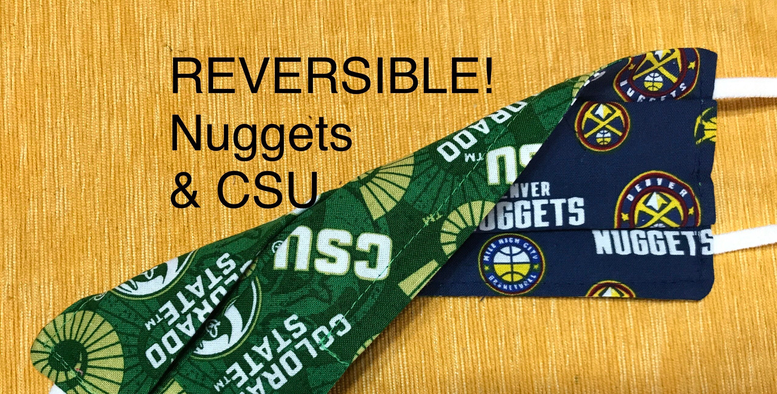 Denver Nuggets/Colorado State University Reversible Face Mask, Adjustable Elastic Ear Loops, Nose Wire, 2-Layer, Adult, Rams, Nba Csu