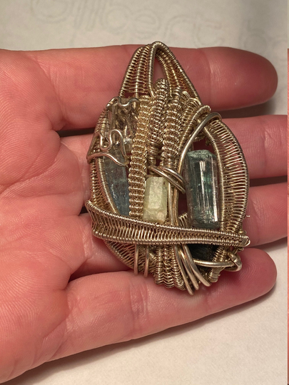 Large Custom Brutalist Sterling Silver Green & Watermelon Tourmaline, Herkimer Diamond Wire Wrapped Pendant