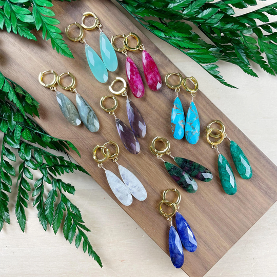 Gold Gemstone Faceted Long Drop Earrings, Statement Delicate Huggies Earrings | Epj-Eeaa17