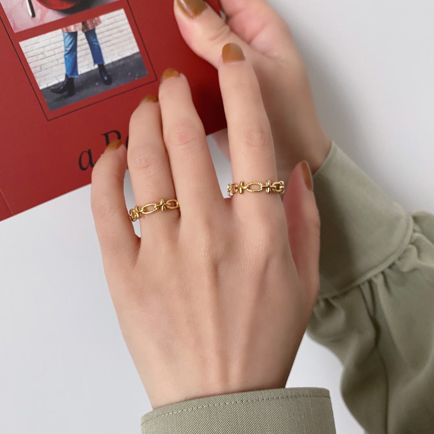 18K Gold Filled Chain Ring, Stacking Thin Long Link Minimalist Statement Ring, Dainty Gold Ring