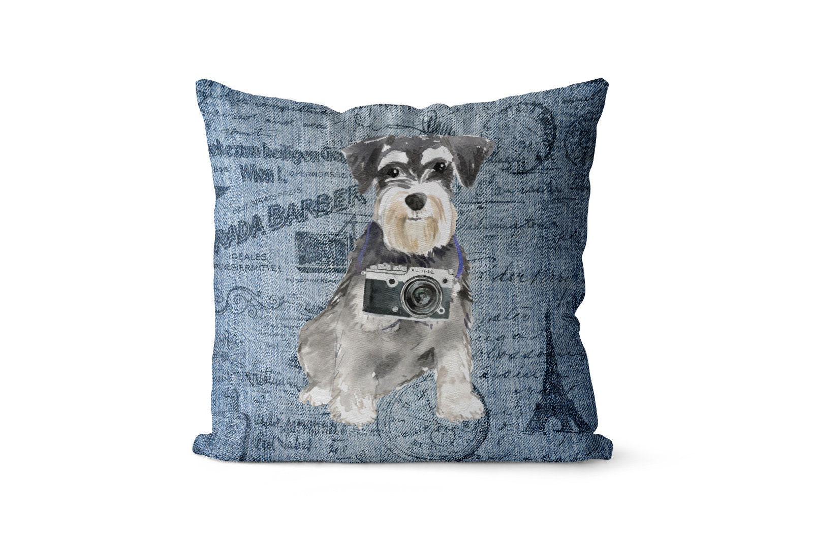 Miniature Schnauzer Dog Inspired Throw Pillow - Large Denim Style Cushion With Filling Available in Linen Or Velour. Travel Collection