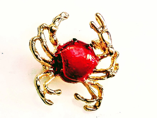 Enameled Crab Brooch Figural, Animal, Zodiac, Cancer Pin, Accessory Totally Adorable Bright Ruby Red Enamel Gold Tone Sea Life. Beach