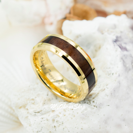 18K Gold Plated Tungsten Koa Wood Ring For Men & Women. 8mm Hawaiian Inlaid Band Pinky, Thumb, Index Finger. Wedding Bands