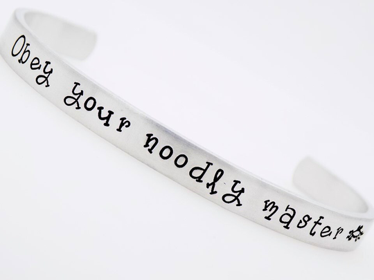 Flying Spaghetti Monster, Fsm, Obey Your Noodly Master, Fsm Jewelry, Gift, Ramen, Custom Cuff, Handstamped Silver Jewelry, Gift
