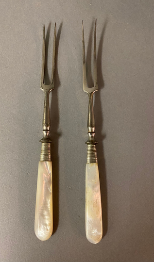 Two Antique Silver Plate Cocktail Forks With Mother Of Pearl Handle Circa 1930