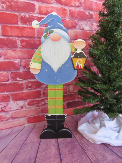 Winter Gnome With Lantern Porch Greeter, Handpainted Wood, Christmas Decoration, Decorative Tole Painting, A Renee Mullins/Plum Purdy Design