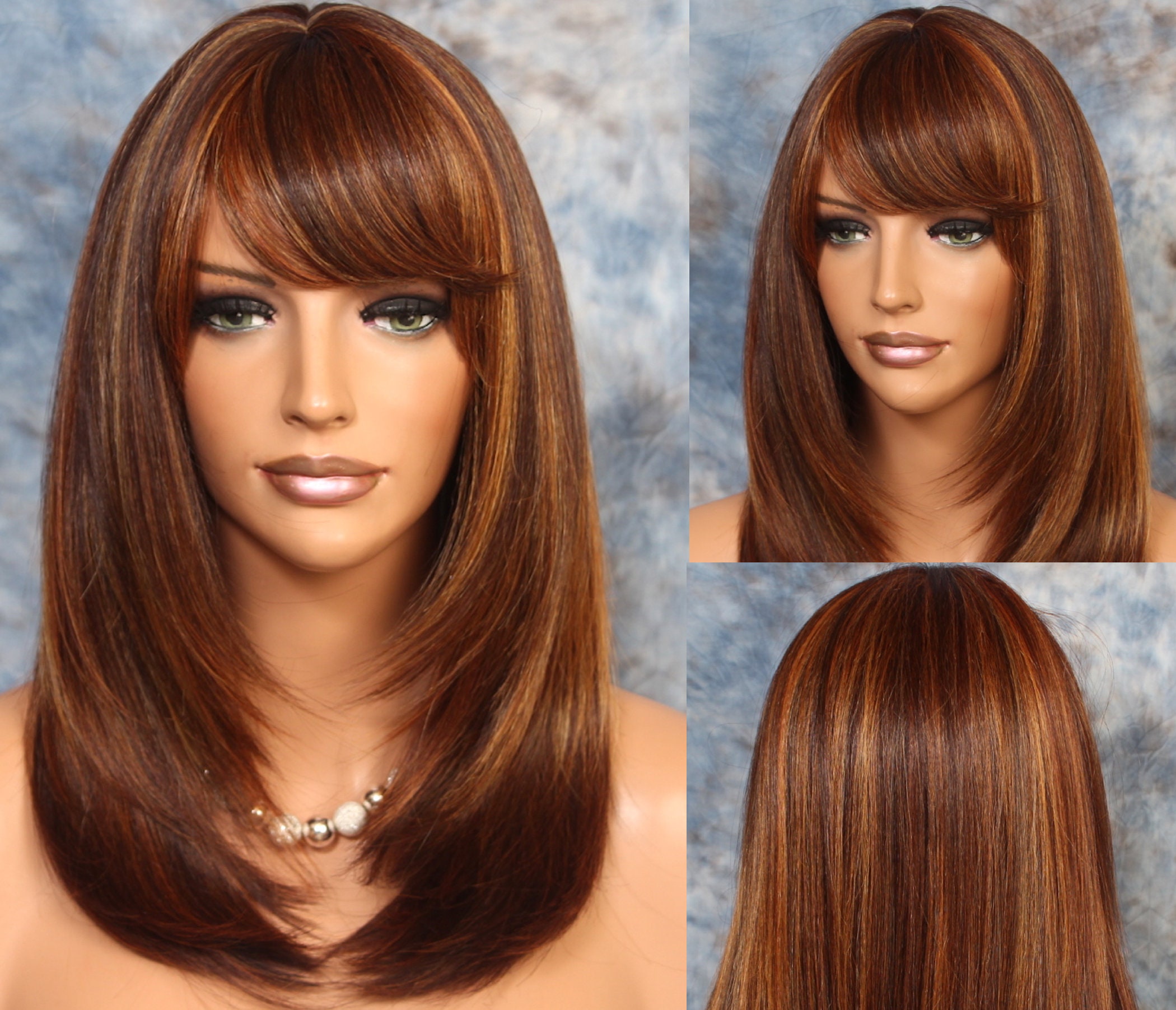 Human Hair Blend Wig Face Framing Razor Cut Auburn Mix Heat Safe Full Bangs Center Part Stright Long Hair Cancer/Alopecia/Cosplay