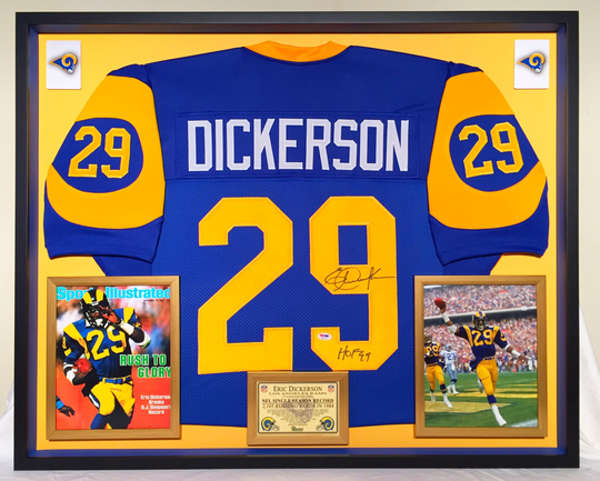 Premium Framed Eric Dickerson Autographed/Signed Rams Jersey - Psa Auth