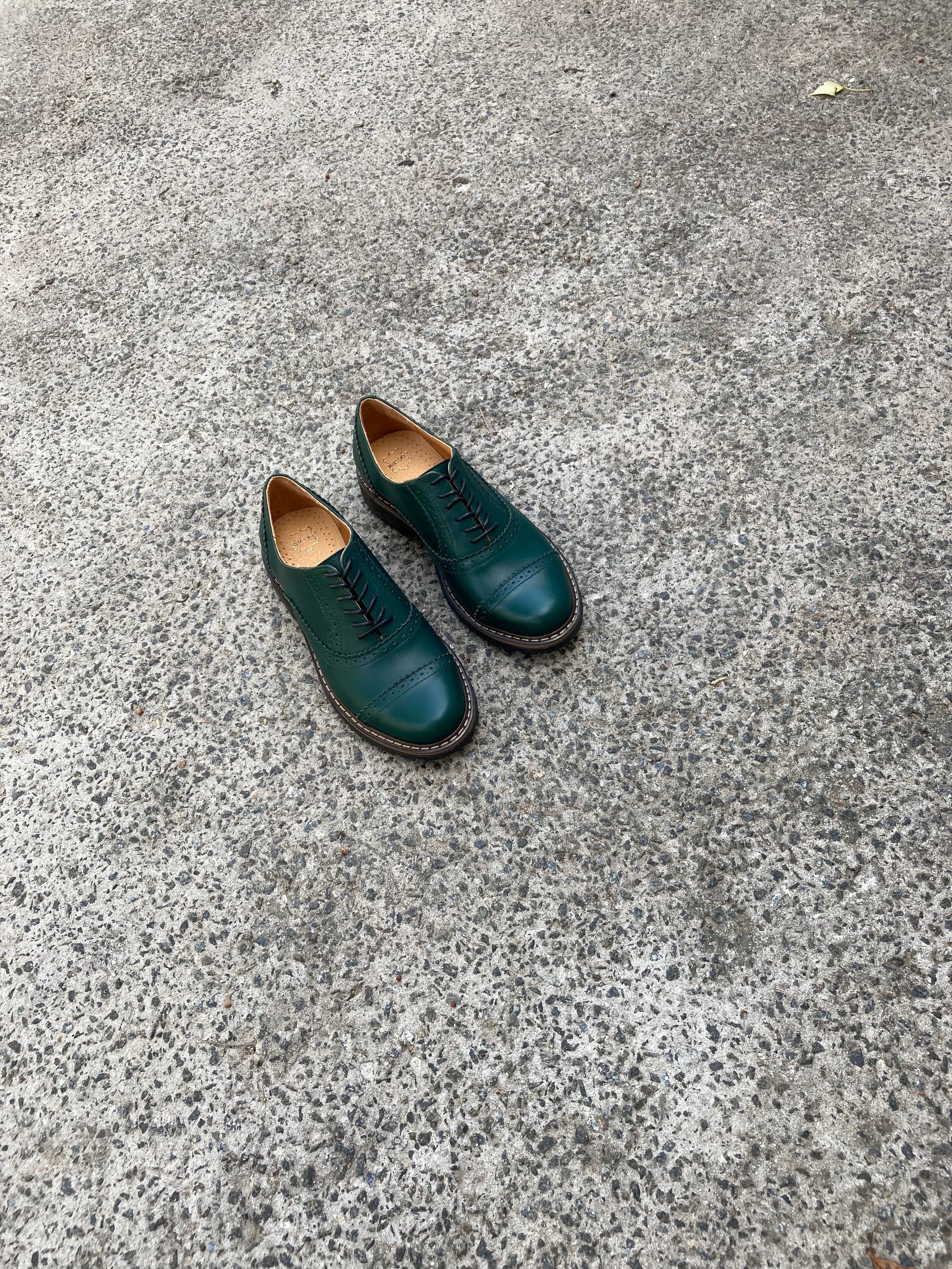 Green Leather Women Handmade Oxfords Brogue Tie Shoes