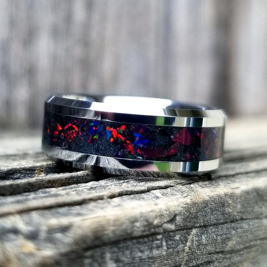 Tungsten Carbide & Fire Opal Blackout Glow Ring. Black Ceramic Opal Men's Women's Sizes 5-13