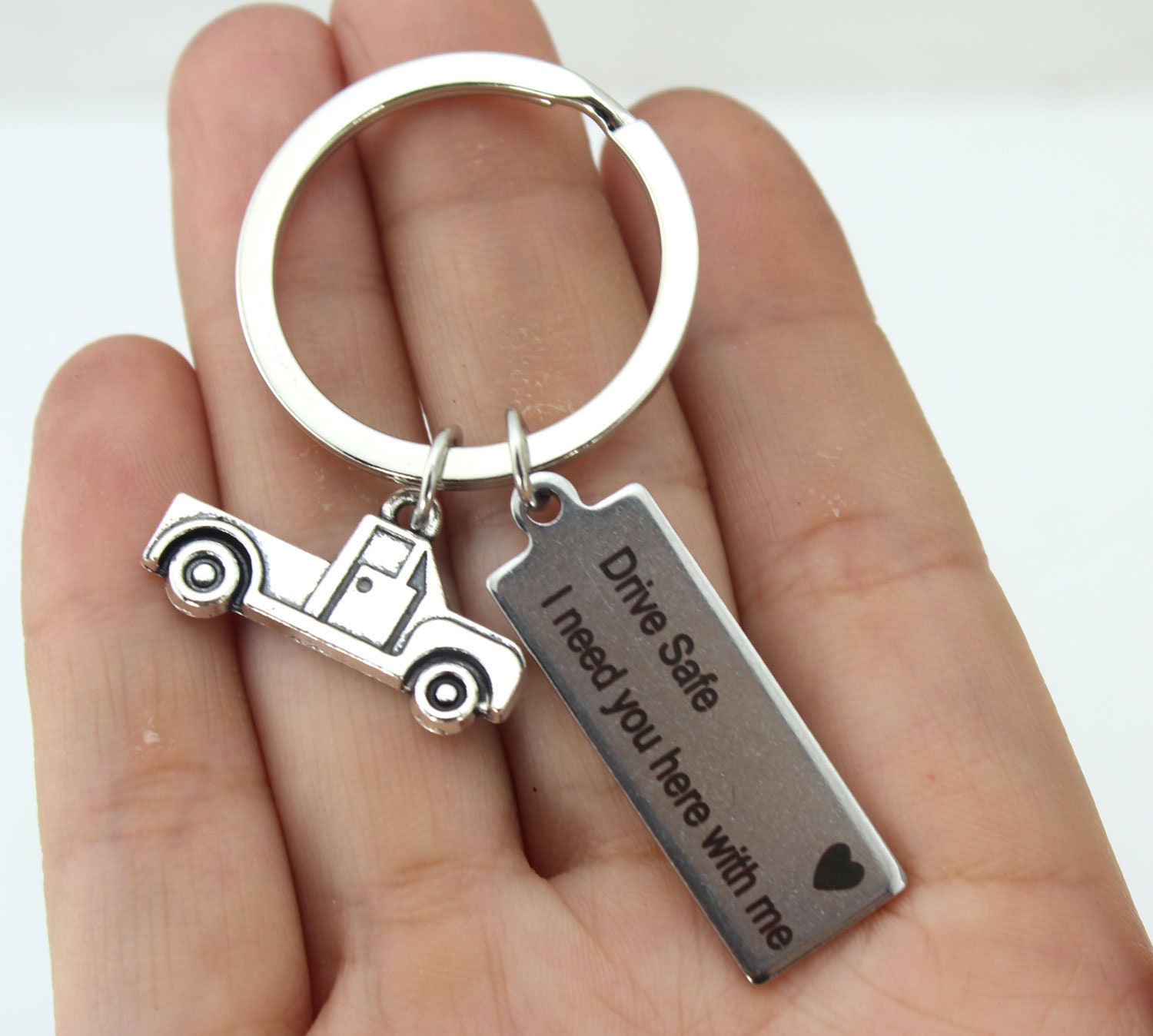 Personalized Keychain, Stainless Steel Drive Safe Keychain, Truck Charm, Husband Gift, Boyfriend Gift, Gift For Her /Him