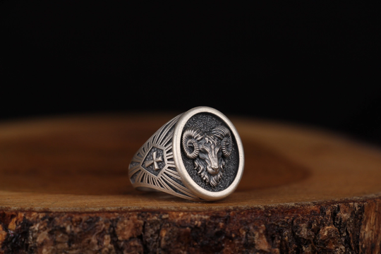 Handmade Silver Ram Ring, Aries Cross Head Signet Viking Nordic Men Accessory Minimalist Gift For Him