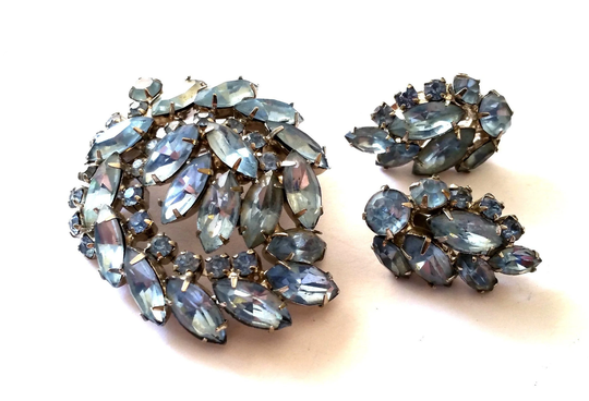 Blue Rhinestone Brooch & Clip Earrings Set