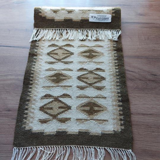 Vintage Hand Woven Wool Table Topper, Short Folk Art Runner Traditional Home Decor Rustic Design Textile Vlasti Bhagtn Greece | A1