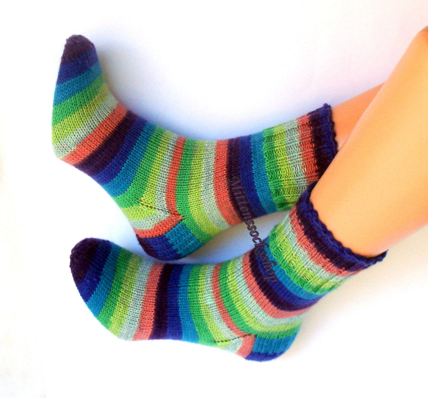 Blue Green Purple Hand Knitted Socks Striped Multicolor Women's Girl's Men's Athletics Winter Gift