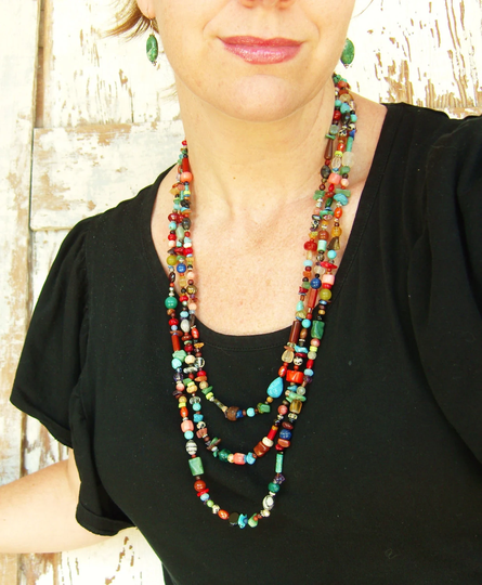 Multi Color Necklace. Semi Precious Stone Three Strand Graduated Long Colorful Jewelry