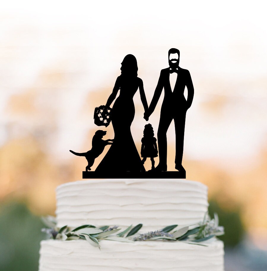 Family Wedding Cake Topper With Dog. Topper Girl Bride & Groom Beard Silhouette, Funny Wedding Cake Topper, Doughter