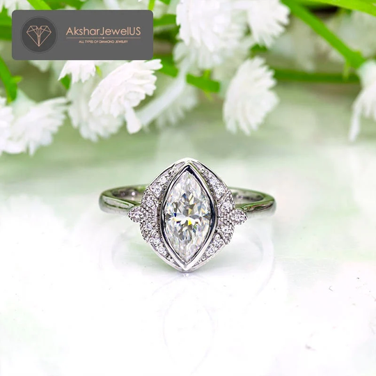 1.10Ct Marquise Cut Moissanite Wedding Ring/ Engagement Halo Anniversary 14K Yellow Gold Designer Rings