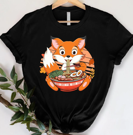 Fox Eating Ramen Japanese Chibi Bowl Noodles Lover Shirt Women Men Kids Anime Shirt, Kawaii Pho T-Shirt Gifts, Animal
