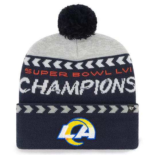 Men's '47 Gray/Navy Los Angeles Rams Super Bowl LVI Champions Clapboard Cuffed Pom Knit Hat, Grey