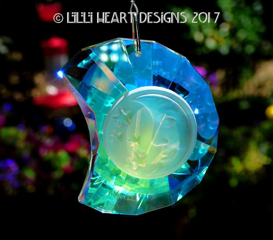 Austrain Crystal Aurora Borealis Crescent Moon With Swarovski Strand Suncatcher Rear View Mirror Car Charm Lilli Heart Designs