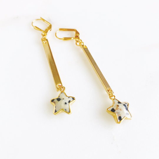 Dalmation Jasper Stick & Star Earrings in Gold. Cute Dangle