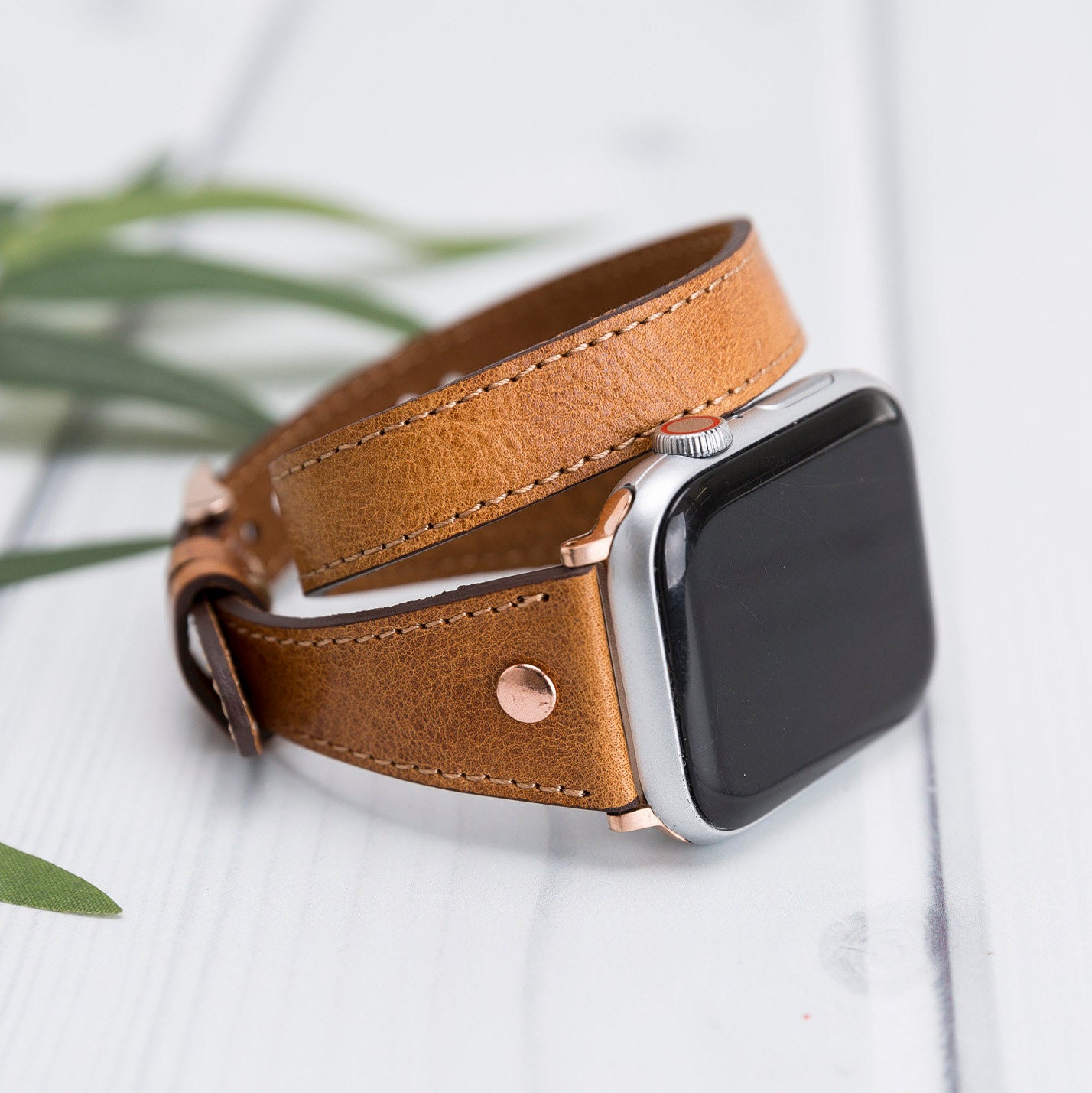 Brown Leather Double Wrap Watch Band For Apple 38 40 42 44 Mm, Women Tour Strap Iwatch Series 7 6 5 4 3 2 1, Personalized Band, Gift
