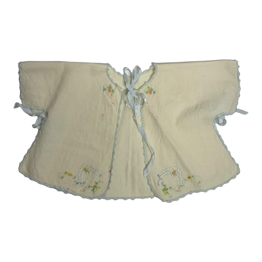 Vintage 50S Infant Muslin Smock Top 0-3 M Beige Ribbon Crochet Hand Embroidered