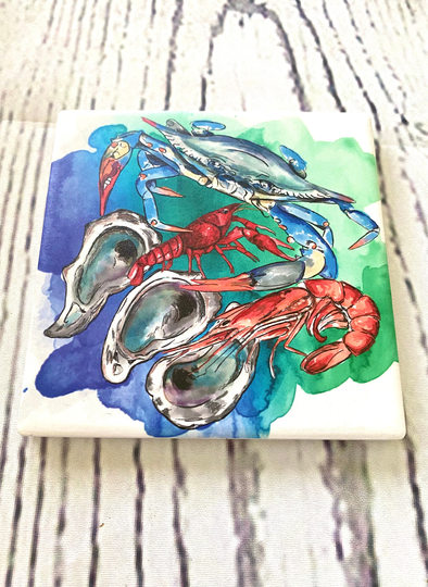 Seafood Coaster - Louisiana Sandstone New Orleans Drink Home Gift Hostess Wedding Favor
