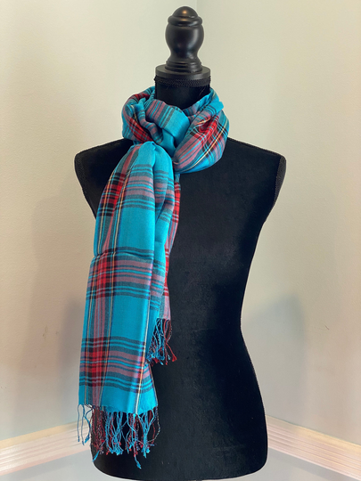 Plaid Wool Blend Shawl, Shawl & Wrap, Blue Stripe Shawl, Red Scarf, Plaid Spring Scarf