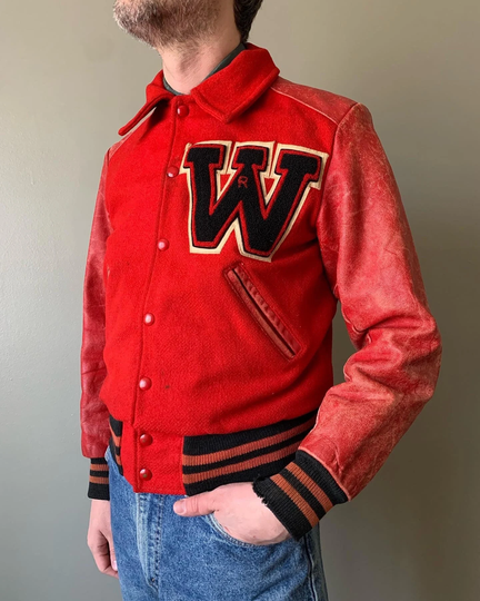 1950S Varsity Letterman Bomber Jacket W Patch/Vintage 50's Wool & Leather College University Coat Red Black Size Small